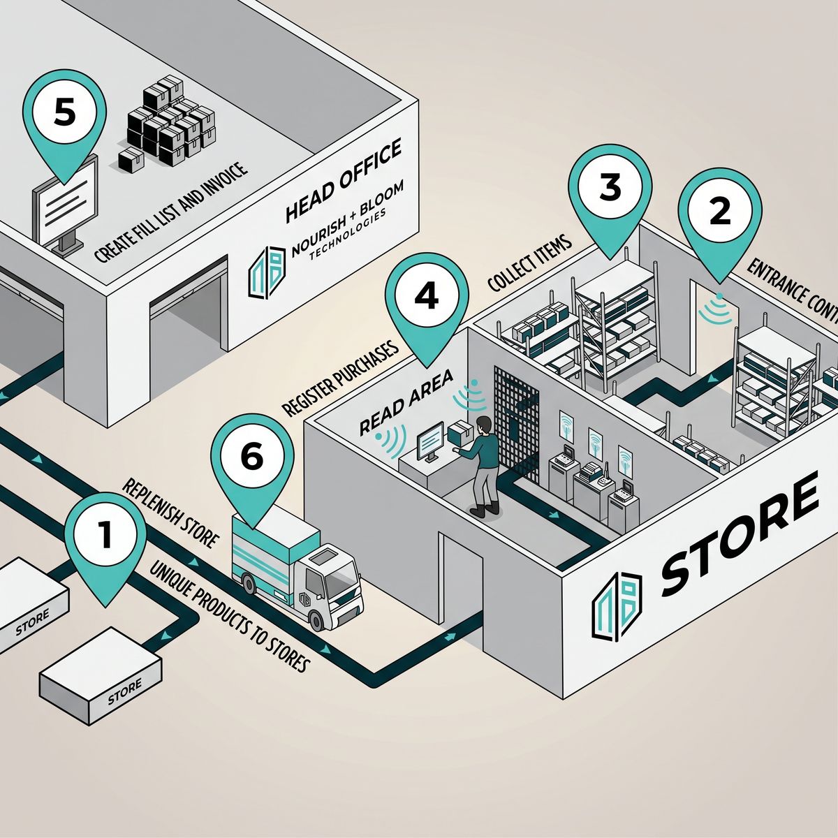 How RFID inventory works: products are tagged, entrance is controlled, items are collected, purchases are read automatically, the head office creates fill lists and invoices, and stores are replenished